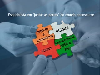 3
Conhecendo a 4Linux
➢ Metodologia IT Experience -
Cenários reais
➢ Cursos práticos, rápidos e baratos de
autores feras: www.4shot.com.br
➢ Projetos complexos de missão crítica,
com infra e desenvolvimento PHP
 