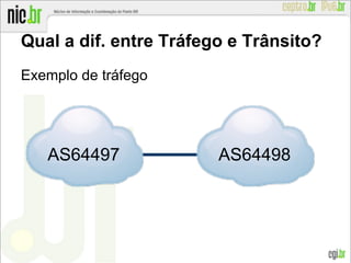 Exemplo de tráfego
Qual a dif. entre Tráfego e Trânsito?
AS64497 AS64498
 