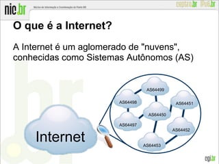 O que é a Internet?
A Internet é um aglomerado de "nuvens",
conhecidas como Sistemas Autônomos (AS)
AS64499
Internet
AS64497
AS64453
AS64498
AS64450
AS64451
AS64452
 