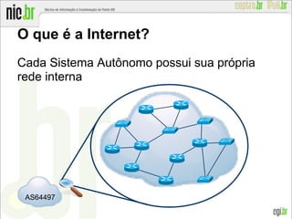 O que é a Internet?
Cada Sistema Autônomo possui sua própria
rede interna
AS64497
 