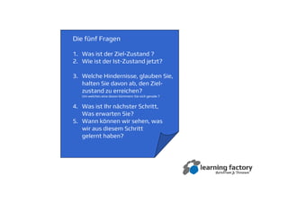 Die fünf Fragen
1. Was ist der Ziel-Zustand ?
2. Wie ist der Ist-Zustand jetzt?
3. Welche Hindernisse, glauben Sie,
halten Sie davon ab, den Ziel-
zustand zu erreichen?
Um welches eine davon kümmern Sie sich gerade ?
4. Was ist Ihr nächster Schritt,
Was erwarten Sie?
5. Wann können wir sehen, was
wir aus diesem Schritt
gelernt haben?
 