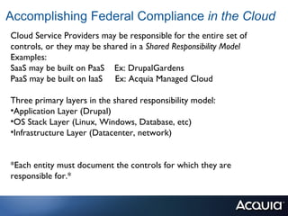 Accomplishing Federal Compliance in the Cloud
Cloud Service Providers may be responsible for the entire set of
controls, or they may be shared in a Shared Responsibility Model
Examples:
SaaS may be built on PaaS Ex: DrupalGardens
PaaS may be built on IaaS Ex: Acquia Managed Cloud

Three primary layers in the shared responsibility model:
•Application Layer (Drupal)
•OS Stack Layer (Linux, Windows, Database, etc)
•Infrastructure Layer (Datacenter, network)


*Each entity must document the controls for which they are
responsible for.*
 
