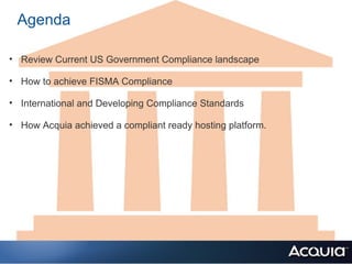 Agenda

• Review Current US Government Compliance landscape

• How to achieve FISMA Compliance

• International and Developing Compliance Standards

• How Acquia achieved a compliant ready hosting platform.
 