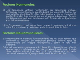 Factores Hormonales:
a) Los Estrógenos: actúan „tonificando‟ las estructuras uretrales
   femeninas, aumentando su presión basal, por un efecto trófico, por
   una acción sensibilizante Alfa adrenérgico y por el incremento
   significativo del flujo sanguíneo en el plexo submucoso. Actúan
   también a nivel perineal, manteniendo la firmeza de los ligamentos
   y los tejidos en general.

b) La Progesterona: a la inversa, tiene un efecto relajante de todas las
   estructuras uretrales y perineales y efecto sensibilizante Beta.

Factores Neuromusculares:
Es indispensable el correcto funcionamiento de los arcos reflejos que
    controlan la micción. Su alteración provoca distintos tipos de
    incontinencia por “Vejiga Neurogénica”, como se verá más
    adelante.
Es importante tener presente que la alteración o lesión de uno sólo de
    los mecanismos esfinterianos, sea del proximal (cuello vesical) o del
    distal (esfínter estriado) no lleva a la incontinencia si no existe
    concomitantemente algún grado de insuficiencia del otro.
 