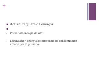 +


    n    Activo: requiere de energía
    n 
    •     Primario= energía de ATP

    •     Secundario= energía de diferencia de concentración
          creado por el primario.
 