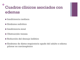 +
    Cuadros clínicos asociados con
    edemas
    n    Insuficiencia cardiaca

    n    Síndrome nefrótico

    n    Insuficiencia renal

    n    Obstrucción venosa

    n    Reducción del drenaje linfático

    n    Síndrome de distes respiratorio agudo del adulto o edema
          pilonar no carcinogénico
 