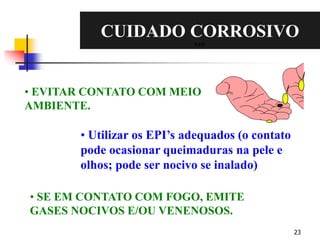 23
CUIDADO CORROSIVO
EDS
• EVITAR CONTATO COM MEIO
AMBIENTE.
• Utilizar os EPI’s adequados (o contato
pode ocasionar queimaduras na pele e
olhos; pode ser nocivo se inalado)
• SE EM CONTATO COM FOGO, EMITE
GASES NOCIVOS E/OU VENENOSOS.
 