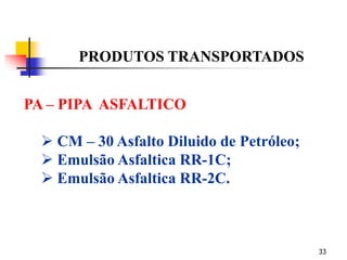 33
PA – PIPA ASFALTICO
 CM – 30 Asfalto Diluido de Petróleo;
 Emulsão Asfaltica RR-1C;
 Emulsão Asfaltica RR-2C.
PRODUTOS TRANSPORTADOS
 