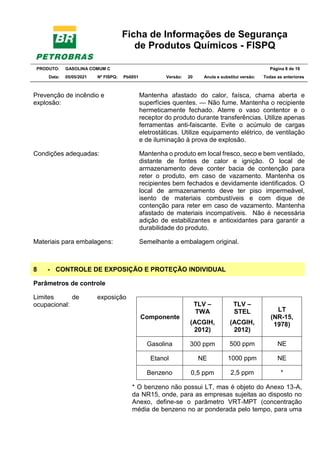 Ficha de Informações de Segurança
de Produtos Químicos - FISPQ
PRODUTO: GASOLINA COMUM C Página 8 de 16
Data: 05/05/2021 Nº FISPQ: Pb0051 Versão: 20 Anula e substitui versão: T Todas as anteriores
Prevenção de incêndio e
explosão:
Mantenha afastado do calor, faísca, chama aberta e
superfícies quentes. — Não fume. Mantenha o recipiente
hermeticamente fechado. Aterre o vaso contentor e o
receptor do produto durante transferências. Utilize apenas
ferramentas anti-faiscante. Evite o acúmulo de cargas
eletrostáticas. Utilize equipamento elétrico, de ventilação
e de iluminação à prova de explosão.
Condições adequadas: Mantenha o produto em local fresco, seco e bem ventilado,
distante de fontes de calor e ignição. O local de
armazenamento deve conter bacia de contenção para
reter o produto, em caso de vazamento. Mantenha os
recipientes bem fechados e devidamente identificados. O
local de armazenamento deve ter piso impermeável,
isento de materiais combustíveis e com dique de
contenção para reter em caso de vazamento. Mantenha
afastado de materiais incompatíveis. Não é necessária
adição de estabilizantes e antioxidantes para garantir a
durabilidade do produto.
Materiais para embalagens: Semelhante a embalagem original.
8 - CONTROLE DE EXPOSIÇÃO E PROTEÇÃO INDIVIDUAL
Parâmetros de controle
Limites de exposição
ocupacional:
Componente
TLV –
TWA
(ACGIH,
2012)
TLV –
STEL
(ACGIH,
2012)
LT
(NR-15,
1978)
Gasolina 300 ppm 500 ppm NE
Etanol NE 1000 ppm NE
Benzeno 0,5 ppm 2,5 ppm *
* O benzeno não possui LT, mas é objeto do Anexo 13-A,
da NR15, onde, para as empresas sujeitas ao disposto no
Anexo, define-se o parâmetro VRT-MPT (concentração
média de benzeno no ar ponderada pelo tempo, para uma
 