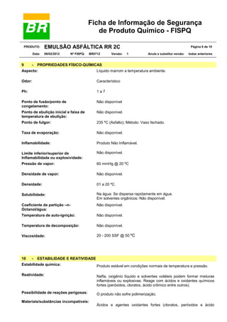 Ficha de Informação de Segurança
de Produto Químico - FISPQ
PRODUTO:
Data:

9

-

EMULSÃO ASFÁLTICA RR 2C
08/02/2012

Nº FISPQ:

BR0712

Versão:

Página 6 de 10
1

Anula e substitui versão:

todas anteriores

PROPRIEDADES FÍSICO-QUÍMICAS

Aspecto:

Líquido marrom a temperatura ambiente.

Odor:

Característico

Ph:

1a7

Ponto de fusão/ponto de
congelamento:

Não disponível

Ponto de ebulição inicial e faixa de
temperatura de ebulição:

Não disponível.

Ponto de fulgor:

235 ºC (Asfalto); Método: Vaso fechado.

Taxa de evaporação:

Não disponível.

Inflamabilidade:

Produto Não Inflamável.

Limite inferior/superior de
Inflamabilidade ou explosividade:

Não disponível.

Pressão de vapor:

60 mmHg @ 20 ºC

Densidade de vapor:

Não disponível.

Densidade:

01 a 20 ºC.

Solubilidade:

Na água: Se dispersa rapidamente em água.
Em solventes orgânicos: Não disponível.

Coeficiente de partição –nOctanol/água:

Não disponível.

Temperatura de auto-ignição:

Não disponível.

Temperatura de decomposição:

Não disponível.

Viscosidade:

20 - 200 SSF @ 50 ºC

10

-

ESTABILIDADE E REATIVIDADE

Estabilidade química:

Produto estável em condições normais de temperatura e pressão.

Reatividade:

Nafta, oxigênio líquido e solventes voláteis podem formar misturas
inflamáveis ou explosivas. Reage com ácidos e oxidantes químicos
fortes (peróxidos, cloratos, ácido crômico entre outros).

Possibilidade de reações perigosas:

O produto não sofre polimerização.

Materiais/substâncias incompatíveis:

Ácidos e agentes oxidantes fortes (cloratos, peróxidos e ácido

 