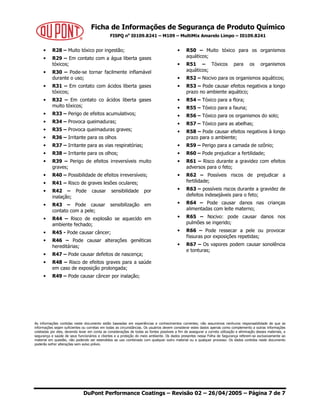 Ficha de Informações de Segurança de Produto Químico
FISPQ no
I0109.8241 – M109 – MultiMix Amarelo Limpo – I0109.8241
DuPont Performance Coatings – Revisão 02 – 26/04/2005 – Página 7 de 7
• R28 – Muito tóxico por ingestão;
• R29 – Em contato com a água liberta gases
tóxicos;
• R30 – Pode-se tornar facilmente inflamável
durante o uso;
• R31 – Em contato com ácidos liberta gases
tóxicos;
• R32 – Em contato co ácidos liberta gases
muito tóxicos;
• R33 – Perigo de efeitos acumulativos;
• R34 – Provoca queimaduras;
• R35 – Provoca queimaduras graves;
• R36 – Irritante para os olhos
• R37 – Irritante para as vias respiratórias;
• R38 – Irritante para os olhos;
• R39 – Perigo de efeitos irreversíveis muito
graves;
• R40 – Possibilidade de efeitos irreversíveis;
• R41 – Risco de graves lesões oculares;
• R42 – Pode causar sensibilidade por
inalação;
• R43 – Pode causar sensibilização em
contato com a pele;
• R44 – Risco de explosão se aquecido em
ambiente fechado;
• R45 - Pode causar câncer;
• R46 – Pode causar alterações genéticas
hereditárias;
• R47 – Pode causar defeitos de nascença;
• R48 – Risco de efeitos graves para a saúde
em caso de exposição prolongada;
• R49 – Pode causar câncer por inalação;
• R50 – Muito tóxico para os organismos
aquáticos;
• R51 – Tóxicos para os organismos
aquáticos;
• R52 – Nocivo para os organismos aquáticos;
• R53 – Pode causar efeitos negativos a longo
prazo no ambiente aquático;
• R54 – Tóxico para a flora;
• R55 – Tóxico para a fauna;
• R56 – Tóxico para os organismos do solo;
• R57 – Tóxico para as abelhas;
• R58 – Pode causar efeitos negativos à longo
prazo para o ambiente;
• R59 – Perigo para a camada de ozônio;
• R60 – Pode prejudicar a fertilidade;
• R61 – Risco durante a gravidez com efeitos
adversos para o feto;
• R62 – Possíveis riscos de prejudicar a
fertilidade;
• R63 – possíveis riscos durante a gravidez de
defeitos indesejáveis para o feto;
• R64 – Pode causar danos nas crianças
alimentadas com leite materno;
• R65 – Nocivo: pode causar danos nos
pulmões se ingerido;
• R66 – Pode ressecar a pele ou provocar
fissuras por exposições repetidas;
• R67 – Os vapores podem causar sonolência
e tonturas;
As informações contidas neste documento estão baseadas em experiências e conhecimentos correntes; não assumimos nenhuma responsabilidade de que as
informações sejam suficientes ou corretas em todas as circunstâncias. Os usuários devem considerar estes dados apenas como complemento a outras informações
coletadas por eles, devendo levar em conta as considerações de todas as fontes possíveis a fim de assegurar a correta utilização e eliminação desses materiais, a
segurança e saúde de seus funcionários e clientes e a proteção do meio ambiente. Os dados presentes nessa Folha de Segurança referem-se exclusivamente ao
material em questão, não podendo ser estendidos ao uso combinado com qualquer outro material ou a qualquer processo. Os dados contidos neste documento
poderão sofrer alterações sem aviso prévio.
 