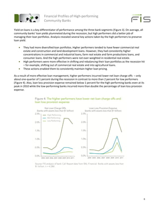 Financial Profiles of High-performing
                          Community Banks

Yield on loans is a key differentiator of performance among the three bank segments (Figure 3). On average, all
community banks’ loan yields plummeted during the recession, but high performers did a better job of
managing their loan portfolios. Analysis revealed several key actions taken by the high performers to preserve
loan yield.

       They had more diversified loan portfolios. Higher performers tended to have fewer commercial real
        estate and construction and land development loans. However, they had consistently higher
        concentrations in commercial and industrial loans, farm real estate and farm productions loans, and
        consumer loans. And the high performers were not over-weighted in residential real estate.
       High performers were more effective in shifting and rebalancing their loan portfolios as the recession hit
        – for example, shifting out of commercial real estate and into agricultural loans.
       These actions enabled them to consistently maintain higher loan pricing.

As a result of more effective loan management, higher performers incurred lower net loan charge offs – only
about one-quarter of 1 percent during the recession in contrast to more than 2 percent for low performers
(Figure 4). Also, loan loss provision expense remained below 1 percent for the high-performing banks even at its
peak in 2010 while the low-performing banks incurred more than double the percentage of loan loss provision
expense.




                                                                                                                  6
 