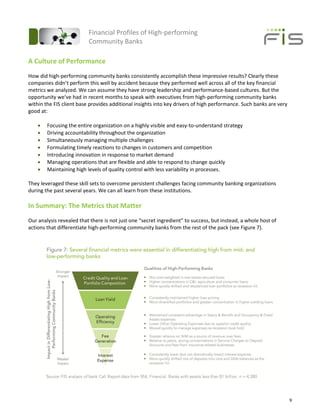 Financial Profiles of High-performing
                          Community Banks

A Culture of Performance
How did high-performing community banks consistently accomplish these impressive results? Clearly these
companies didn’t perform this well by accident because they performed well across all of the key financial
metrics we analyzed. We can assume they have strong leadership and performance-based cultures. But the
opportunity we’ve had in recent months to speak with executives from high-performing community banks
within the FIS client base provides additional insights into key drivers of high performance. Such banks are very
good at:

       Focusing the entire organization on a highly visible and easy-to-understand strategy
       Driving accountability throughout the organization
       Simultaneously managing multiple challenges
       Formulating timely reactions to changes in customers and competition
       Introducing innovation in response to market demand
       Managing operations that are flexible and able to respond to change quickly
       Maintaining high levels of quality control with less variability in processes.

They leveraged these skill sets to overcome persistent challenges facing community banking organizations
during the past several years. We can all learn from these institutions.

In Summary: The Metrics that Matter
Our analysis revealed that there is not just one “secret ingredient” to success, but instead, a whole host of
actions that differentiate high-performing community banks from the rest of the pack (see Figure 7).




                                                                                                                    9
 