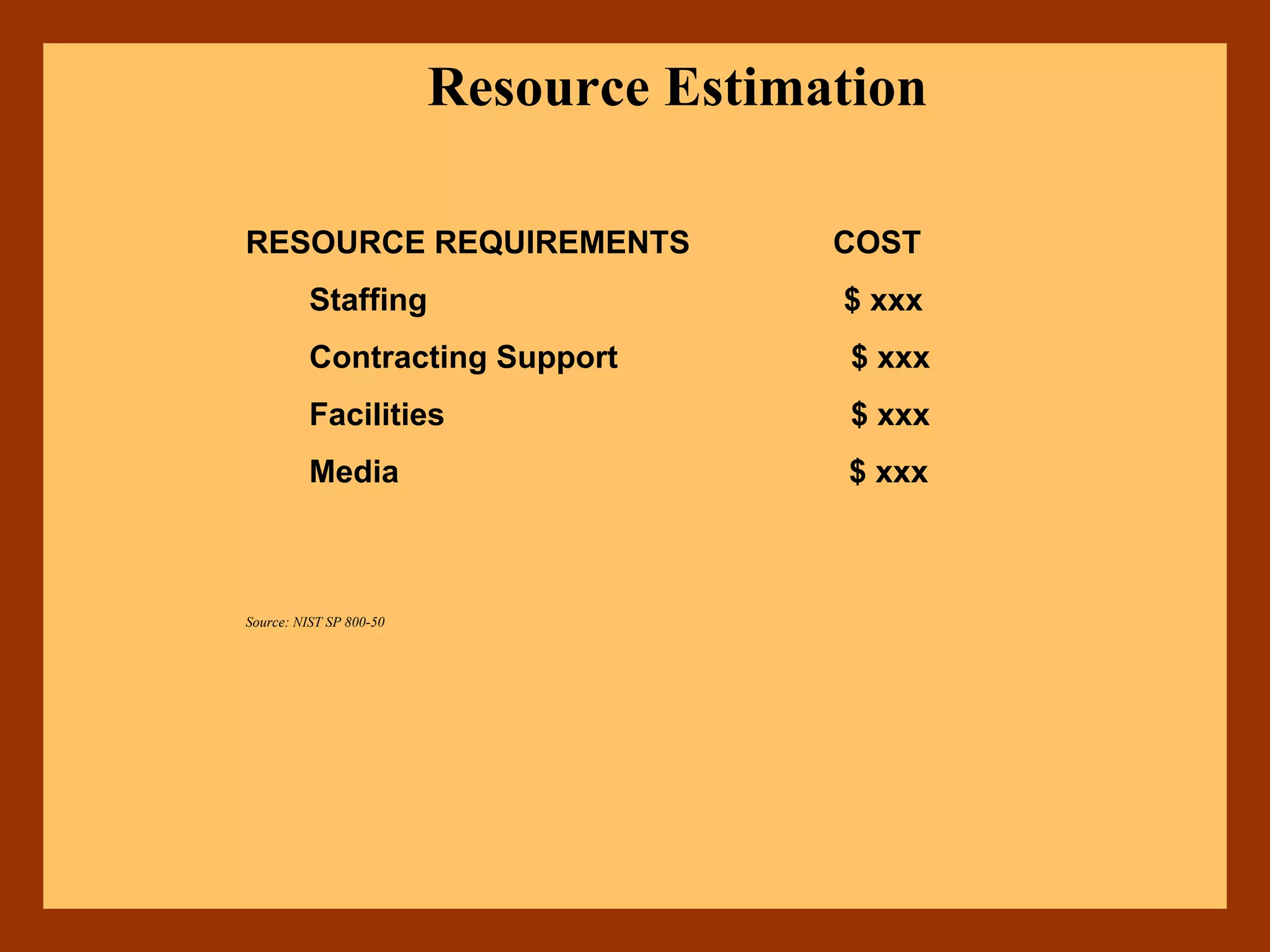 Resource Estimation
RESOURCE REQUIREMENTS COST
Staffing $ xxx
Contracting Support $ xxx
Facilities $ xxx
Media $ xxx
Source: NIST SP 800-50
 