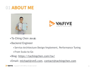 •Ta-Ching Chen
•DevOps/Backend Engineer
• System Architecture Design/Implementation, Performance Tuning
•Blog: https://tachingchen.com/tw/
•Email: contact@tachingchen.com
 