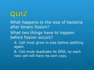  What happens to the size of bacteria
  after binary fission?
 What two things have to happen
  before fission occurs?
    › A. Cell must grow in size before splitting
      again.
    › B. Cell must duplicate its DNA, so each
      new cell will have its own copy.
 