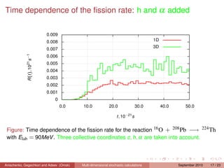 Time dependence of the ﬁssion rate: h and α added

                                0.009
                                0.008                                                     1D
                                                                                          3D
                                0.007
             R (t ), 1021 s−1




                                0.006
                                0.005
                                0.004
                                0.003
                                0.002
                                0.001
                                   0
                                        0.0    10.0             20.0               30.0        40.0       50.0

                                                                     t , 10−21 s


 Figure: Time dependence of the ﬁssion rate for the reaction 16 O + 208 Pb −→ 224 Th
 with Elab = 90MeV . Three collective coordinates c , h, α are taken into account.



Anischenko, Gegechkori and Adeev (Omsk)       Multi-dimensional stochastic calculations               September 2010   17 / 23
 