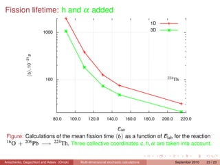 Fission lifetime: h and α added
                                                                                                 1D
                                                                                                 3D
                            1000
             tf , 10−21 s




                            100                                                                         224 Th




                                   80.0   100.0        120.0        140.0         160.0       180.0   200.0      220.0

                                                                           Elab
 Figure: Calculations of the mean ﬁssion time tf as a function of Elab for the reaction
 16 O + 208 Pb −→ 224 Th. Three collective coordinates c , h, α are taken into account.



Anischenko, Gegechkori and Adeev (Omsk)           Multi-dimensional stochastic calculations                   September 2010   23 / 23
 