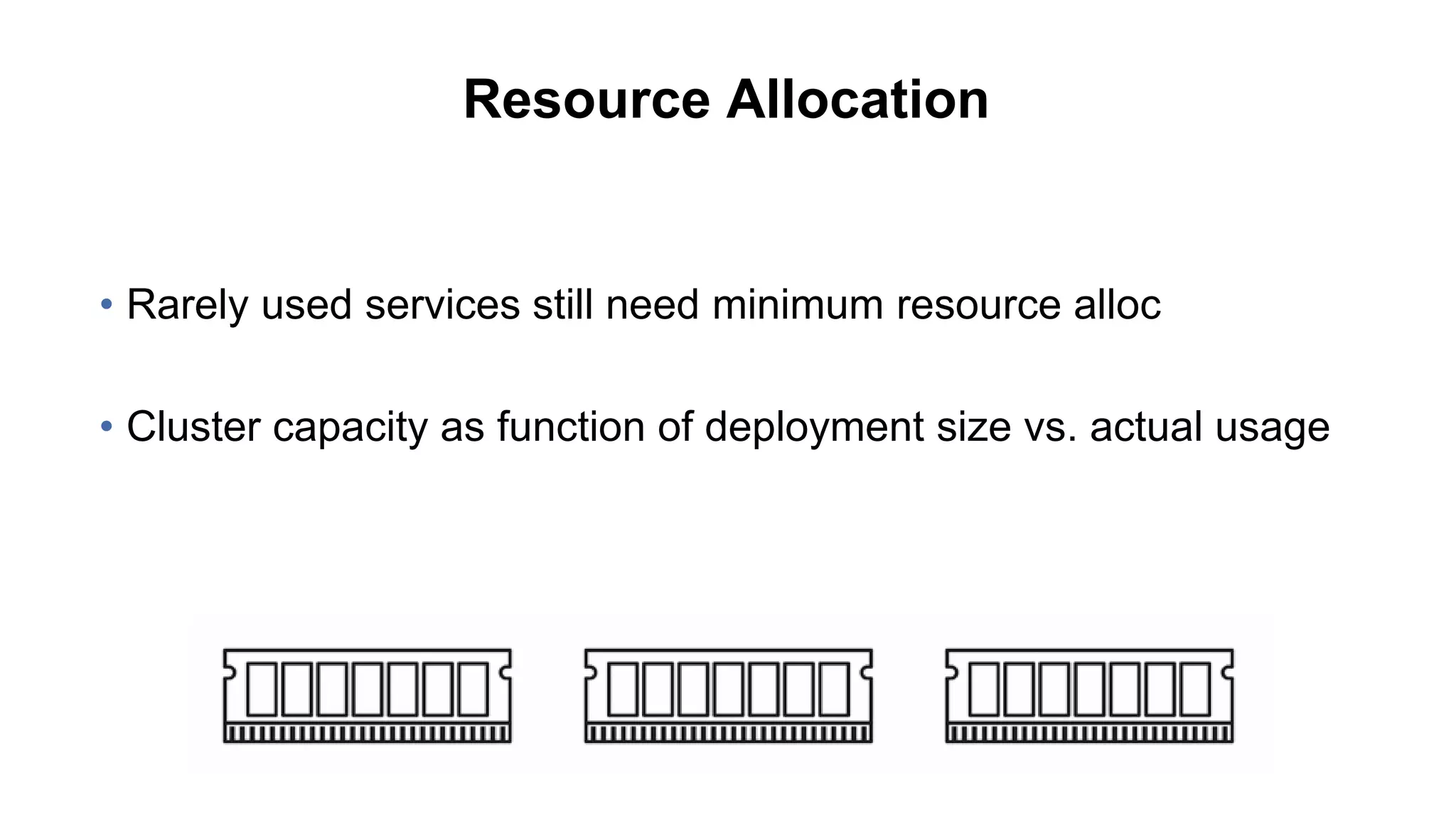 Resource Allocation
• Rarely used services still need minimum resource alloc
• Cluster capacity as function of deployment size vs. actual usage
 