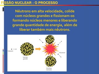 FISSÃO NUCLEAR : O PROCESSO
Nêutrons em alta velocidade, colide
com núcleos grandes e fissionam-os
formando núcleos menores e liberando
grande quantidade de energia, além de
liberar também mais nêutrons.
 