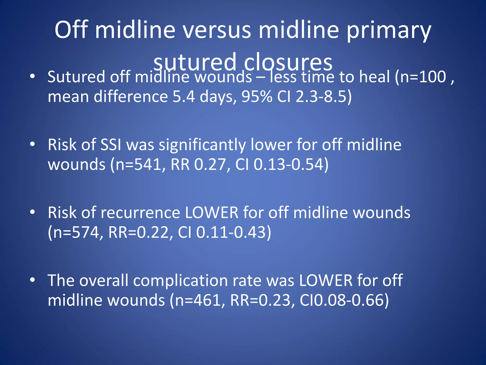 Off midline versus midline primary
sutured closures• Sutured off midline wounds – less time to heal (n=100 ,
mean difference 5.4 days, 95% CI 2.3-8.5)
• Risk of SSI was significantly lower for off midline
wounds (n=541, RR 0.27, CI 0.13-0.54)
• Risk of recurrence LOWER for off midline wounds
(n=574, RR=0.22, CI 0.11-0.43)
• The overall complication rate was LOWER for off
midline wounds (n=461, RR=0.23, CI0.08-0.66)
 