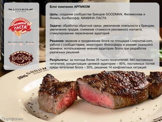 Блог компании АРПИКОМ

            Цель: создание сообщества брендов GOODMAN, Филимонова и
            Янкель, Колбасофф, МАМИНА ПАСТА

            Задачи: обработка обратной связи, увеличение лояльности к брендам,
            увеличение продаж, снижение стоимости рекламного контакта,
            стимулирование пересечения аудиторий

            Решение: ведение и продвижение блога на площадке Livejournal.com,
            работа с сообществами, мониторинг блогосферы в режиме реального
            времени, использование мнения аудитории блога при разработке
            различных решений

            Результаты: за полгода более 35 тысяч посетителей, 340 постоянных
            читателей, концентрация целевой аудитории – 80%, постоянных гостей
            среди читателей блога – 30%, решение 14 конфликтных ситуаций




Портфолио
 