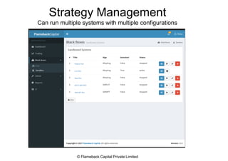 Strategy Management
Can run multiple systems with multiple configurations
© Flameback Capital Private Limited
 