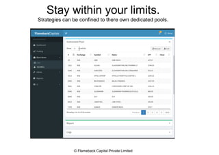 Stay within your limits.
Strategies can be confined to there own dedicated pools.
© Flameback Capital Private Limited
 