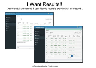 I Want Results!!!
At the end; Summarised & user-friendly report is exactly what it’s needed...
© Flameback Capital Private Limited
 