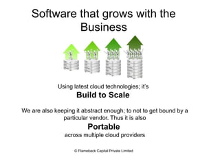 Software that grows with the
Business
© Flameback Capital Private Limited
Using latest cloud technologies; it’s
Build to Scale
We are also keeping it abstract enough; to not to get bound by a
particular vendor. Thus it is also
Portable
across multiple cloud providers
 