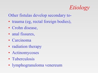 Etiology
Other fistulas develop secondary to-
• trauma (eg, rectal foreign bodies),
• Crohn disease,
• anal fissures,
• Carcinoma
• radiation therapy
• Actinomycoses
• Tuberculosis
• lymphogranuloma venereum
 