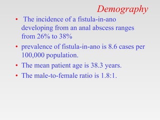 Demography
• The incidence of a fistula-in-ano
developing from an anal abscess ranges
from 26% to 38%
• prevalence of fistula-in-ano is 8.6 cases per
100,000 population.
• The mean patient age is 38.3 years.
• The male-to-female ratio is 1.8:1.
 