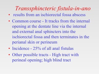 Transsphincteric fistula-in-ano
• results from an ischiorectal fossa abscess
• Common course - It tracks from the internal
opening at the dentate line via the internal
and external anal sphincters into the
ischiorectal fossa and then terminates in the
perianal skin or perineum
• Incidence - 25% of all anal fistulas
• Other possible tracts - High tract with
perineal opening; high blind tract
 