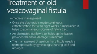 Treatment of old
vesicovaginal fistula
Immediate management
 Once the diagnosis is made continuous
catheterization for six to eight weeks is maintained it
helps to spontaneous closure of fistula tract
 An obstructed outflow tract helps epithelization
provided the tissue damage is minimum
 The management of genitourinary fistula needs a
team approach by gynecologist nursing staff and
urologist.
 
