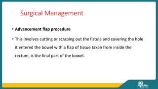 Surgical Management
• Advancement flap procedure
• This involves cutting or scraping out the fistula and covering the hole
it entered the bowel with a flap of tissue taken from inside the
rectum, is the final part of the bowel.
 