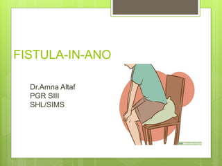 FISTULA-IN-ANO
Dr.Amna Altaf
PGR SIII
SHL/SIMS
 
