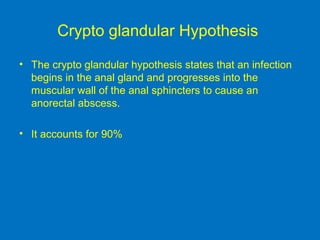 Crypto glandular Hypothesis
• The crypto glandular hypothesis states that an infection
begins in the anal gland and progresses into the
muscular wall of the anal sphincters to cause an
anorectal abscess.
• It accounts for 90%
 