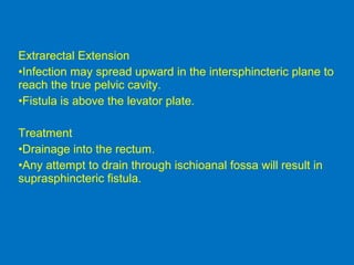 Extrarectal Extension
•Infection may spread upward in the intersphincteric plane to
reach the true pelvic cavity.
•Fistula is above the levator plate.
Treatment
•Drainage into the rectum.
•Any attempt to drain through ischioanal fossa will result in
suprasphincteric fistula.
 