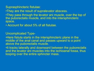 Suprasphincteric fistulae:
•They are the result of supralevator abscess.
•They pass through the levator ani muscle, over the top of
the puborectalis muscle, and into the intersphincteric
space.
• Account for about 5% of all fistulae.
Uncomplicated Type-
•Here fistula starts in the intersphincteric plane in the
middle of the anal canal and passes upward to a point
above the puborectalis muscle.
•It tracks laterally and downward between the puborectalis
and the levator ani muscles into the ischioanal fossa, thus
looping over the entire sphincter mass.
 