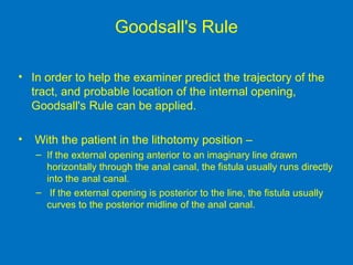 Goodsall's Rule
• In order to help the examiner predict the trajectory of the
tract, and probable location of the internal opening,
Goodsall's Rule can be applied.
• With the patient in the lithotomy position –
– If the external opening anterior to an imaginary line drawn
horizontally through the anal canal, the fistula usually runs directly
into the anal canal.
– If the external opening is posterior to the line, the fistula usually
curves to the posterior midline of the anal canal.
 