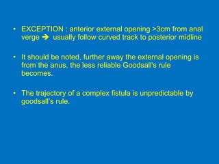 • EXCEPTION : anterior external opening >3cm from anal
verge  usually follow curved track to posterior midline
• It should be noted, further away the external opening is
from the anus, the less reliable Goodsall's rule
becomes.
• The trajectory of a complex fistula is unpredictable by
goodsall’s rule.
 