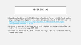 REFERENCIAS
Casal, E., de San Ildefonso, A., Sánchez, J., Facal, C., & Pampin, J. (2005). Fístula anal de
origen criptoglandular. Opciones terapéuticas. Cirugía Española, 78, 28-33. Retrieved from
https://www.elsevier.es/es-revista-cirugia-espanola-36-articulo-fistula-anal-origen-
criptoglandular-opciones-13083396
Schwartz, S., Brunicardi, F. and Andersen, D., 2015. Principios De Cirugía. 9th ed. México, D.F.:
McGraw-Hill Interamericana, pp.1064, 1065.
Sabiston and Townsend, C., 2018. Tratado De Cirugía. 19th ed. Amsterdam: Elsevier,
pp.1394, 1395, 1396.
 