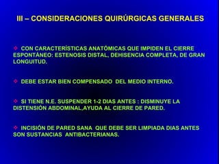 III – CONSIDERACIONES QUIRÚRGICAS GENERALES


 CON CARACTERÍSTICAS ANATÓMICAS QUE IMPIDEN EL CIERRE
ESPONTÁNEO: ESTENOSIS DISTAL, DEHISENCIA COMPLETA, DE GRAN
LONGUITUD.


 DEBE ESTAR BIEN COMPENSADO DEL MEDIO INTERNO.


 SI TIENE N.E. SUSPENDER 1-2 DIAS ANTES : DISMINUYE LA
DISTENSIÓN ABDOMINAL,AYUDA AL CIERRE DE PARED.


 INCISIÓN DE PARED SANA QUE DEBE SER LIMPIADA DIAS ANTES
SON SUSTANCIAS ANTIBACTERIANAS.
 