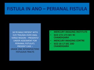 FISTULA IN ANO – PERIANAL FISTULA 18 YR MALE PATIENT WITH H/O TRAUMA OVER ANAL VERGE REGION – PRESENTLY UNDER ASSESMENT FOR PERIANAL FISTULA’S.  PRESENT CASE –                             GRADE ONE INTERSPHICTERIC FISTULOUS TRACTS   MERCURY IMAGING INSTITUTE  SCO 172-173 SEC 9C  CHANDIGARH MERCURY IMAGING CENTRE  SCO 16-17 SEC 20D CHANDIGARH 