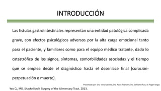 INTRODUCCIÓN
Las fístulas gastrointestinales representan una entidad patológica complicada
grave, con efectos psicológicos adversos por la alta carga emocional tanto
para el paciente, y familiares como para el equipo médico tratante, dado lo
catastrófico de los signos, síntomas, comorbilidades asociadas y el tiempo
que se emplea desde el diagnóstico hasta el desenlace final (curación-
perpetuación o muerte).
Yeo CJ, MD. Shackelford’s Surgery of the Alimentary Tract. 2013.
Presentado por: Dra. Tania Gallardo, Dra. Paola Townsley, Dra. Celyvette Ruiz, Dr. Roger Vargas
 