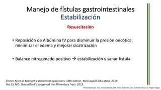 Manejo de fístulas gastrointestinales
Estabilización
Resuscitación
• Reposición de Albúmina IV para disminuir la presión oncótica,
minimizar el edema y mejorar cicatrización
• Balance nitrogenado positivo à estabilización y sanar fístula
Zinner, M et al. Maingot’s abdominal operations. 13th edition. McGrawGill Education. 2019
Yeo CJ, MD. Shackelford’s Surgery of the Alimentary Tract. 2013.
Presentado por: Dra. Tania Gallardo, Dra. Paola Townsley, Dra. Celyvette Ruiz, Dr. Roger Vargas
 