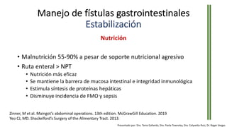Manejo de fístulas gastrointestinales
Estabilización
Nutrición
• Malnutrición 55-90% a pesar de soporte nutricional agresivo
• Ruta enteral > NPT
• Nutrición más eficaz
• Se mantiene la barrera de mucosa intestinal e integridad inmunológica
• Estimula síntesis de proteínas hepáticas
• Disminuye incidencia de FMO y sepsis
Zinner, M et al. Maingot’s abdominal operations. 13th edition. McGrawGill Education. 2019
Yeo CJ, MD. Shackelford’s Surgery of the Alimentary Tract. 2013.
Presentado por: Dra. Tania Gallardo, Dra. Paola Townsley, Dra. Celyvette Ruiz, Dr. Roger Vargas
 