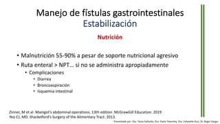 Manejo de fístulas gastrointestinales
Estabilización
Nutrición
• Malnutrición 55-90% a pesar de soporte nutricional agresivo
• Ruta enteral > NPT… si no se administra apropiadamente
• Complicaciones
• Diarrea
• Broncoaspiración
• Isquemia intestinal
Zinner, M et al. Maingot’s abdominal operations. 13th edition. McGrawGill Education. 2019
Yeo CJ, MD. Shackelford’s Surgery of the Alimentary Tract. 2013.
Presentado por: Dra. Tania Gallardo, Dra. Paola Townsley, Dra. Celyvette Ruiz, Dr. Roger Vargas
 