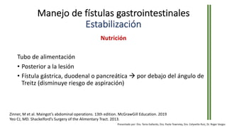 Manejo de fístulas gastrointestinales
Estabilización
Nutrición
Tubo de alimentación
• Posterior a la lesión
• Fístula gástrica, duodenal o pancreática à por debajo del ángulo de
Treitz (disminuye riesgo de aspiración)
Zinner, M et al. Maingot’s abdominal operations. 13th edition. McGrawGill Education. 2019
Yeo CJ, MD. Shackelford’s Surgery of the Alimentary Tract. 2013.
Presentado por: Dra. Tania Gallardo, Dra. Paola Townsley, Dra. Celyvette Ruiz, Dr. Roger Vargas
 
