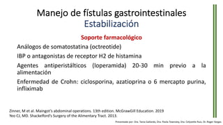 Manejo de fístulas gastrointestinales
Estabilización
Soporte farmacológico
Análogos de somatostatina (octreotide)
IBP o antagonistas de receptor H2 de histamina
Agentes antiperistálticos (loperamida) 20-30 min previo a la
alimentación
Enfermedad de Crohn: ciclosporina, azatioprina o 6 mercapto purina,
infliximab
Zinner, M et al. Maingot’s abdominal operations. 13th edition. McGrawGill Education. 2019
Yeo CJ, MD. Shackelford’s Surgery of the Alimentary Tract. 2013.
Presentado por: Dra. Tania Gallardo, Dra. Paola Townsley, Dra. Celyvette Ruiz, Dr. Roger Vargas
 